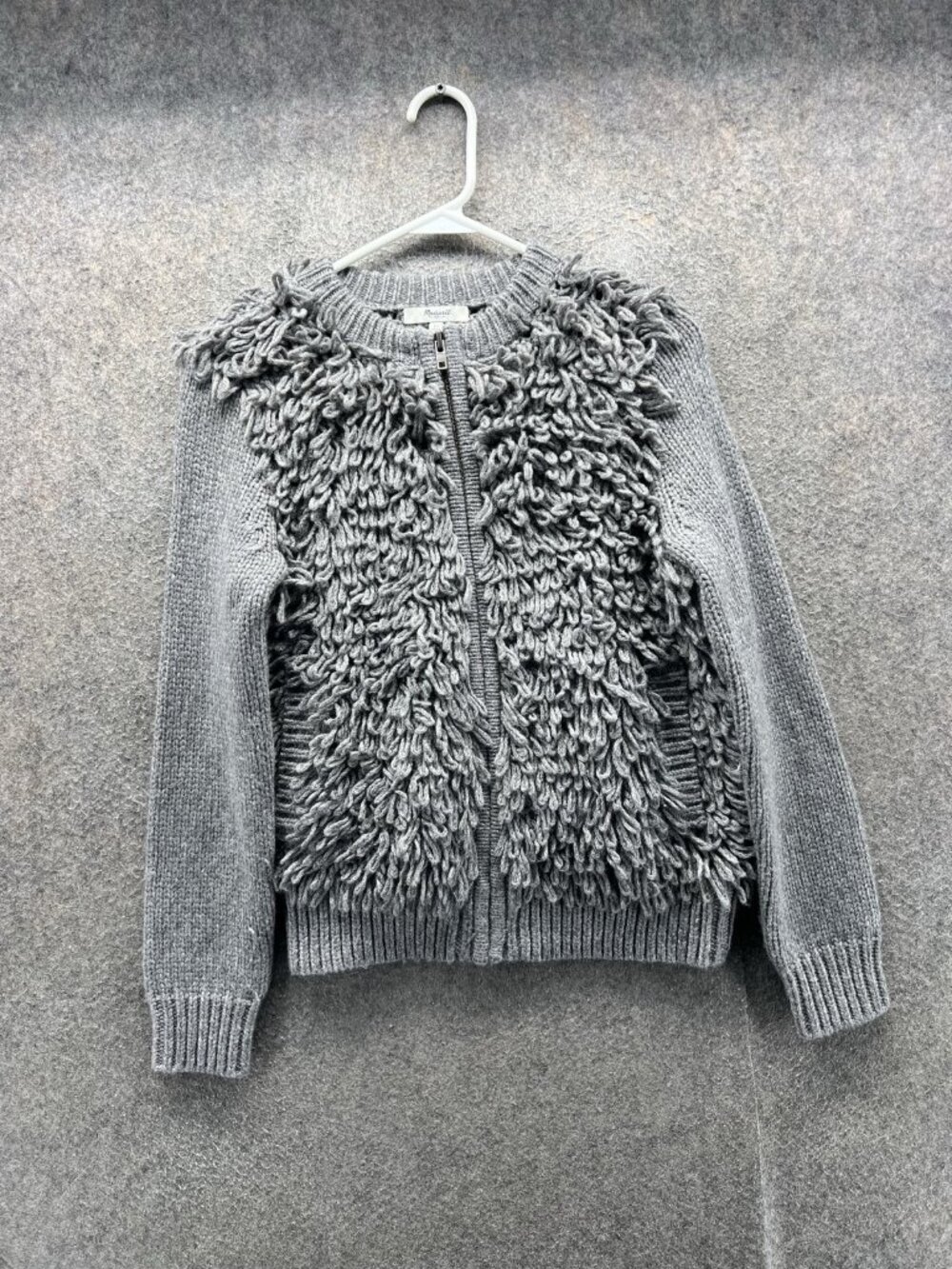 Madewell Cardigan Sweater Womens XS Gray Crew Neck Full Zip Fringe Chunky Knit